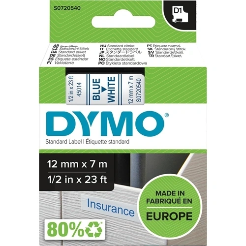 Dymo feliratozó szalag,12mm/7m kék/fehér F009925