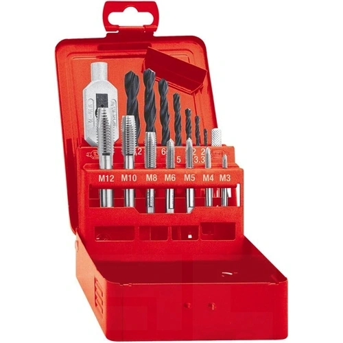 Format komplett egyvágásos menetfúró készlet fémkazettában DIN352 HSS M3-M12 + csigafúró F149319