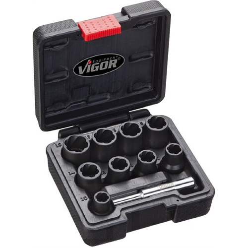 Vigor törtcsavar kihajtó készlet csavart hornyú 1/2 34mm kihajtóval 10 részes 10-19mm táskában F155735