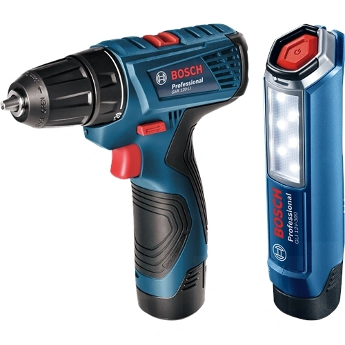 Bosch GSR 120-LI akkus fúró-csavarbehajtó 2x2.0Ah koffer + GLI 12V-300 akkus lámpa F161179