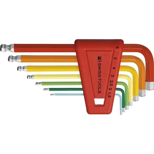 Swiss Tools hajlított imbuszkulcs készlet műanyag tartóban 7 részes 1.5-6mm Rainbow gömbfej F230200